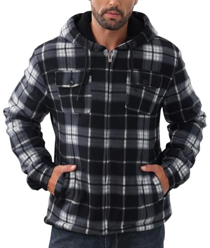 FFLDBN Men’s Thick Flannel Plaid Jacket Heavyweight Zip Up Hoodie Sherpa Fleece Lined Hoodies Warm Winter Coat with Pockets