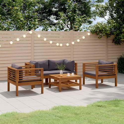 IKAYAA Lounge Set Holz, Ecklounge Outdoor, Gartenmöbel Set mit Kissen, Terrassenmöbel außen, Balkon Lounge Dunkelgrau, Loungemöbel Set für Balkon, Garten, 5-TLG Type 2
