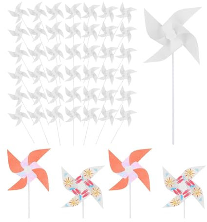 Hxhsgmeh Lot de 50 moulins à vent en papier blanc pour enfants - Moulins à vent en plastique vierge pour enfants