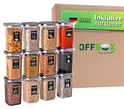 OFFBOX Vorratsdosen mit Deckel luftdicht | 12x 1200ml Vorratsbehälter Set | BPA-frei | Aufbewahrungsbox Küche für Mehl, Müsli & Zucker | Stapelbar, platzsparend | Lebensmittelaufbewahrung