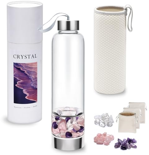DiDiBirDi Bouteille d'eau en cristal de 500 ml, étanche et portable | Avec 3 pierres de cristal interchangeables - Améthyste, quartz rose et cristal de roche, idée cadeau pour les amateurs de thé