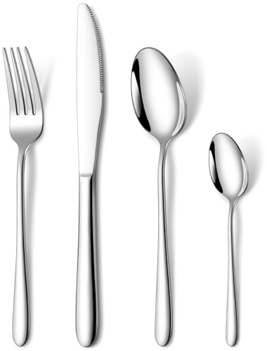 HONKKU Cutlery Set for 4 People, 16 Pieces Stainless Steel Knife and Fork Sets, Mirror Polished Silverware Flatware Set, Classic Simple Design Easy Clean Dishwasher Safe