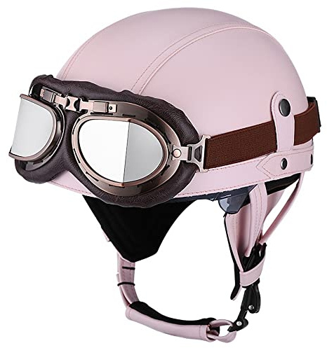 Casco Moto Retrò,Casco Jet,Caschi per Scooter Anni '60 - Modello 3/4 in Vera Pelle con Visiera, Certificato DOT/ECE - Stile Retrò Chiuso/Aperto - Unisex Uomo e Donna L-59-60cm
