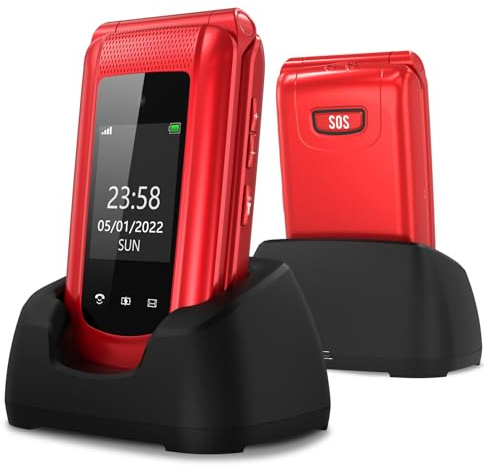 Ufferson Telefono Cellulare per Anziani Senza Contratto, GSM Flip Telefoni Cellulari con Tasti Grandi, 2.4+1.77 Doppio display, Funzione SOS, Volume alto, Torcia, Base di ricarica, Rosso