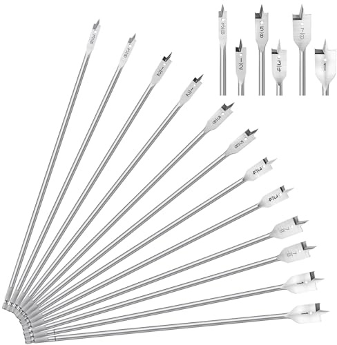 Treela 12 Pcs 16 Extra Long Spade Drill Bit Set for Wood, Paddle Flat Drill Bit Including 3/8, 1/2, 5/8, 3/4, 7/8, 1 Inch Sizes Carbon Steel 1/4-inch Hex Shank for Hardwood Softwood Plywood