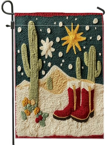 Bandiere da giardino con cactus occidentali di Natale, 30,5 x 45,7 cm, double face, per decorazioni esterne, ricamo, motivo natalizio sud-ovest, bandiera per casa, vacanze, capodanno, all'aperto
