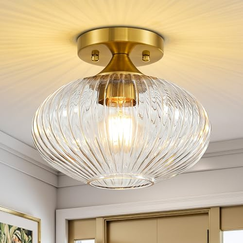 Actask Glas Deckenleuchte Gold Ø24 cm Modern Kronleuchter | Deckenlampe mit Dickem Klarem Streifen-Glasschirm E27 Sockel Deckenleuchte für Küche Flur Schlafzimmer Esszimmer