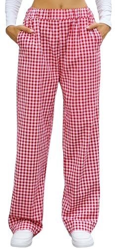 Ausing Pantalon à Carreaux Femme Large Pantalon Décontracté Ados Bas de Pyjama en Coton Jogging Maison S