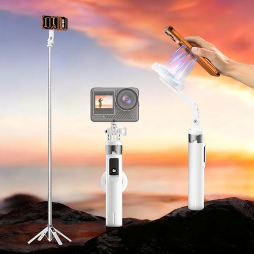 CloudValley Trépied magnétique de 135 cm avec Fonction Perche à Selfie magnétique, Deux façons de Transporter Votre téléphone, Compatible avec la Charge USB-C, Rotation à 360°/720°, Blanc