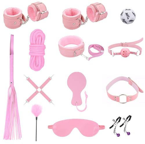 Kit de Bondage Oziral, Kit BDSM 13 pièces, Accessoire Ensemble de Bondage pour Couples, Kit de Contention pour Débutants, Un Kit Essentiel pour des Moments Intimes entre Hommes et Femmes Rose
