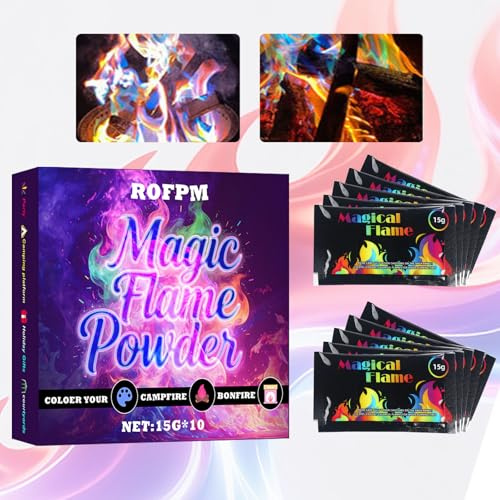 10PCS Feuerfarben Pulver, Magisches Feuerfarben, Fire Pulver, Feuerfarbenwechselpulver, Bunte Farbwechsel Feuerfarben für Camping, Partys Flammenzauber in Feuerschale, Lagerfeuer, Kamin, 15g x 10