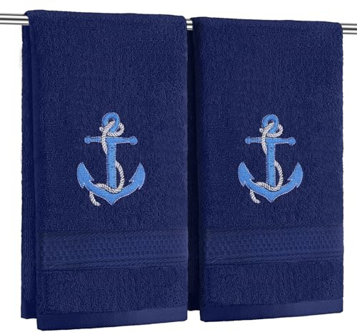 SmoothNovelty 2 Pcs Nautical Anchor Hand Towels Navy Blue Bathroom Decor 14x29 Inch Embroidered 100% Cotton Soft Absorbent Spring Summer Decorative Hand Towels for Bathroom Kitchen