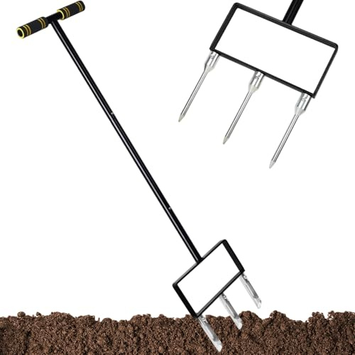 CAKEEYUM Aérateur de pelouse à 3 Pointes en Acier avec poignée Ergonomique, Outil de Jardin Manuel Robuste 109 cm (43 po) pour aérer Le Sol et créer des Carottes Gazon.