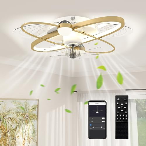 HOMCOM Ceiling Fans with Lights and Remote & App Control, 62 cm Modern LED Ceiling Fan Light with 3 Colour Temperatures, 6 Speed, Timer, Dimmable, Quiet Reversible DC Motor, for Bedroom, Gold Tone