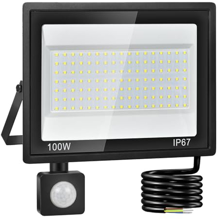 Plazique LED Strahler mit Bewegungsmelder Außen, 100W, 10000LM, IP67 | 119 LEDs, 7000K Kaltweiß; Sensorreichweite 2–10 m und Leuchtdauer 5 s–10 min für Garten, Hof, Garage und Auffahrt.