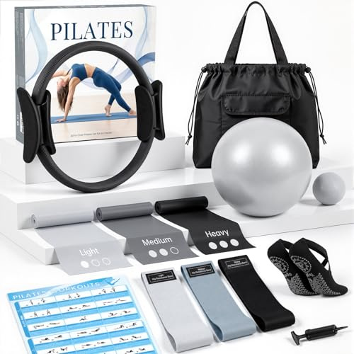 GINMIC Kit Pilates en Casa, 13 Piezas Pilates Kit con Aros Pilates, Pelota, Banda Fitness, Bandas Elásticas y Accesorios de Entrenamiento, Es el Regalo Ideal para Principiantes y Mujeres