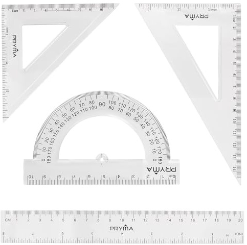 PRYMA Set Geometrico Righello 20 cm + Squadra 45°/60° + Goniometro 180° – Kit Disegno per Scuola, Ufficio e Matematica – Strumenti di Precisione per Studenti