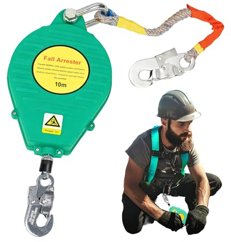 YAOYAOO Dispositivo Anticaduta Retrattile 3-20M, Imbracatura di Sicurezza Anticaduta per Lavori in Quota, Funzione di Richiamo Automatico con Gancio Autobloccante per Tetto Edilizia(Verde,10m)