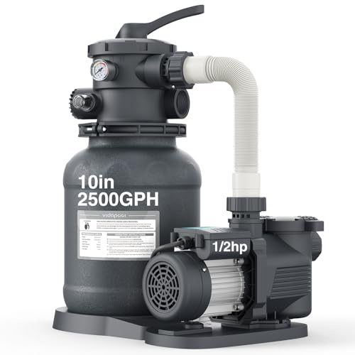 Vidapool Pompa filtrante a sabbia da 25,4 cm per piscina fuori terra, 1/2 HP 2500 GPH pompe per piscina fuori terra per piscine fino a 11.000 galloni, filtro a sabbia per piscina con valvola a 6 vie