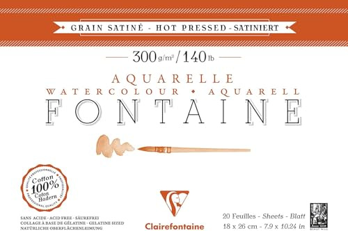 Clairefontaine 96343C Bloc Encollé 4 Côtés Fontaine - 20 Feuilles Papier Aquarelle Blanc 100% Coton Grain Satiné Qualité Professionnelle 18x26 cm 300g