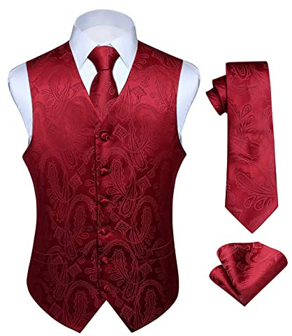 HISDERN Klassisk, blommig, paisleymönstrad jacquard-väst och slips för män, kostymväst med slip och fyrkantig ficka, L