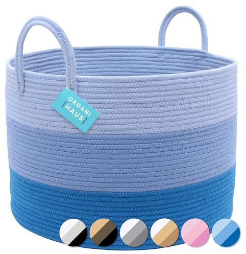 OrganiHaus Korb Geflochten Rund, Wäschekorb Geflochten, Korb Aufbewahrung Groß, Aufbewahrungskorb Kinderzimmer, Aufbewahrungskorb für Decken Kissen Spielzeug, Faltbar mit Griff - 50x33cm, Blau