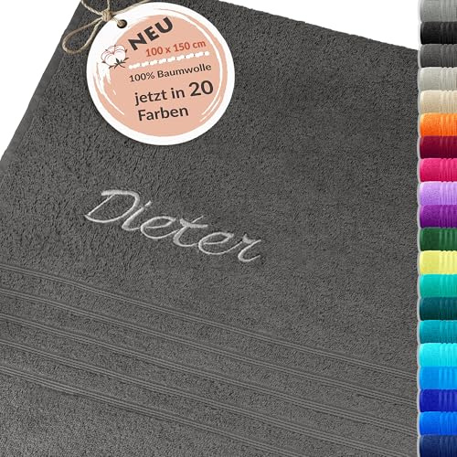 Lashuma London Badetuch 100x150 Bestickt mit Namen, Duschtuch Grau – Anthrazit, personalisiert