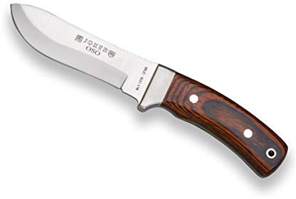 Joker Cuchillo de Caza Oso CR49, Hoja de 12 cm MOVA, Mango de Madera roja Estamina, Funda de Cuero marrón, Herramienta de Pesca, Caza, Camping y Senderismo