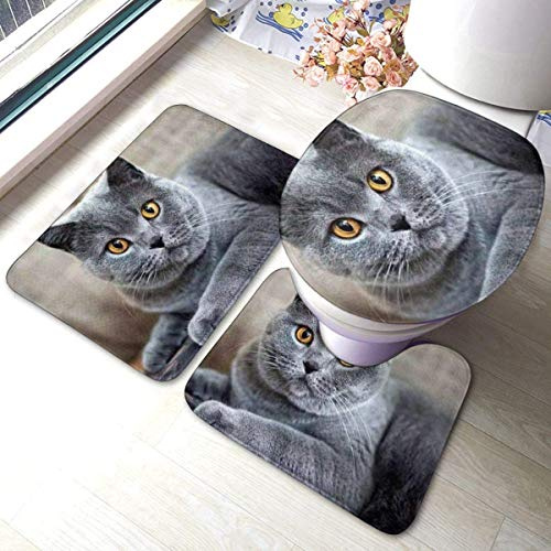 RedBeans rutschfeste Badematte, 3-teiliges Flanell-Badezimmerteppich-Set, russische blaue Katze, weiche WC-Vorleger mit WC-Vorleger, rutschfest