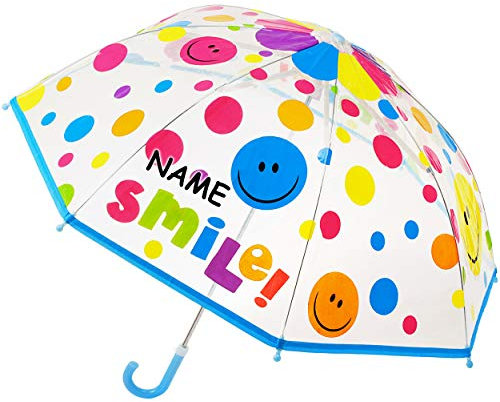 alles-meine.de GmbH Kinderschirm/Regenschirm - lustiges Gesicht & Bunte Punkte - inkl. Name - Ø 77 cm - durchsichtig & durchscheinend - transparent - Kinder - Stockschirm - gro..
