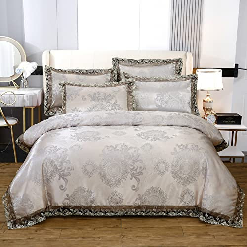 Beyeutao King Duvet Cover Set Gray Jacquard Bedding Set Lace Satin Duvet Cover 3-Piece Luxury Bedding Set with Duvet Cover Pillowcases.