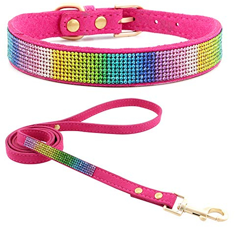 haoyueer Hundehalsband aus weichem Wildleder, schillernd, funkelnd, elegant, ausgefallen, mit Strasssteinen besetzt, für Haustiere, Welpen, Katzen, Hunde, Kombi-Set mit Leine (L, Hot Pink 2, Rosa)