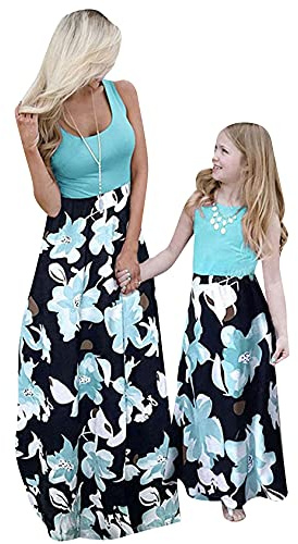 EFOFEI Frauen Mutter Tochter Locker Langes Kleid Blumen Bedruckte Elegante Kleider Urlaub Familien Party Kleid