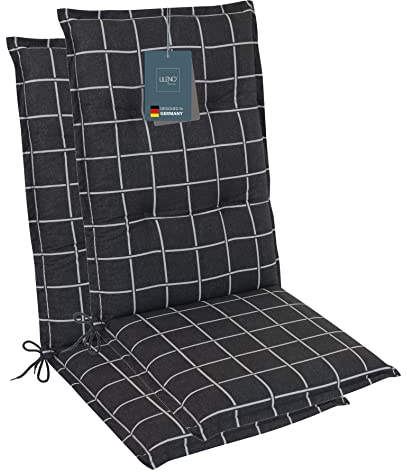 LILENO HOME Gartenstuhl Auflagen als [2er Set - Hochlehner] in Yacht-Karo | Anthrazit - bequeme Liegen als Sitzauflagen für Gartenmöbel - Stuhlkissen für Gartenstühle und Klappstühle