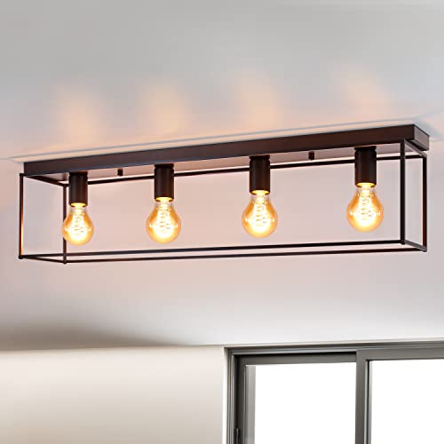 Homefire Deckenleuchte E27 Deckenlampe Vintage Schwarz industrial | Wohnzimmerlampe Retro Lampe aus Metall mit 4 Flammig Deckenbeleuchtung für Schlafzimmer Küche Flur - Ohne Leuchtmittel