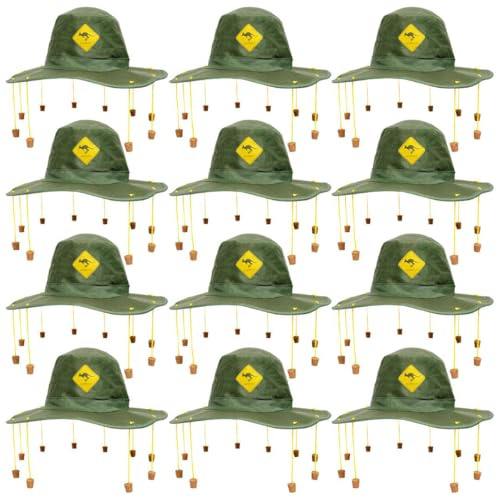 Australian Cork Hat 12 Pack - Green Aussie Fancy Dress Hats with Kangaroo Badge and Hanging Wooden Corks - Bulk Costume Accessory Set for Australia Day, Outback Theme Parties and Group Events