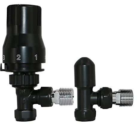 NRG 15mm Black TRV Thermostatic Radiator Valve + Lockshield Angled Valves | Straight TRV, Straight Manual Valve, 15mm Inlet, 1/2in BSP MI Outlet, Easy to Use, 2 Valves