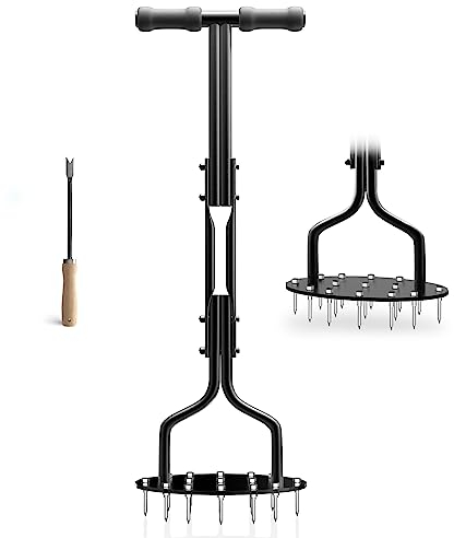 EEIEER Lawn Aerator, Lawn Scarifier Lawn Spike Aerator Manual Soil Aerating Tool with 15 pieces 6cm Solid Steel Spikes, Non-slip T-Handle, Grass Spike Aeration for Compacted Soils and Lawns