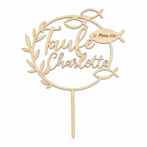 Birdart Box® Taufe Tortenstecker mit Namen – personalisierter Tortenstecker aus umweltfreundlichem Holz, stabiler Cake Topper 15cm Durchmesser (Holz Natur)