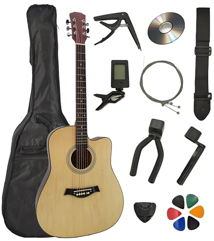 Guitare Acoustique Folk 4/4 Adulte 41 Pouces + 9 Accessoires + Cour Vidéo et CD (Naturel)