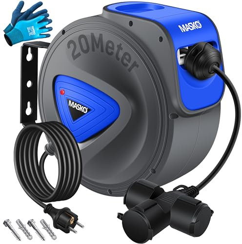 MASKO® Enrouleur de câble/tuyau automatique, 20 m, pour atelier, avec connecteur à 3 positions, rotatif à 180°, câble de 1,5 m, support mural, gants
