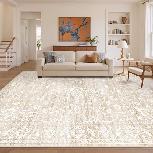 Soalmost 9x12 Washable Area Rugs for Living Room, Vintage Floral Non-Slip Low Pile Neutral Rug Soft Throw Large Carpet for Dining Room Bedroom Farmhouse Home Office (Beige, 9'x12')