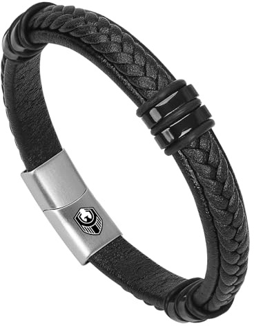 SHIEAGLELD Läderarmband herr, flätat äkta läder, brett omlottarmband, magnetlås av rostfritt stål, bra presentidé för män, 20, Rostfritt stål