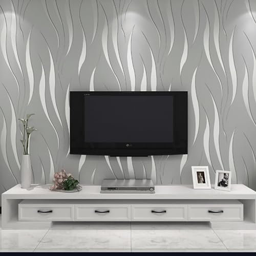 Baketron Grey Wallpaper Non-Woven 3D Embossed Wallpaper Silver Glitter Wave Stripes Wall Paper Roll Feature Wave Stripe Modern Geometric Patterned for Living Room Bedroom Kitchen Hallway