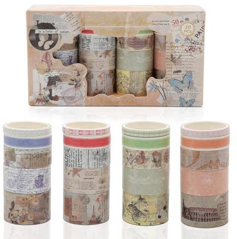 Juyibaao Set di 20 Rotoli di Nastro Washi Vintage Acquerello Masking Tapes, Nastro Decorativo Washi per Scrapbook Journals Planners DIY Crafts Gift Wrapping Festivals