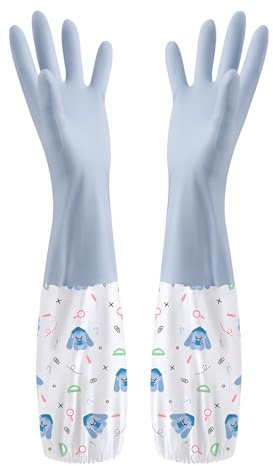 JYJLLM Velvet Lining Marigold Gloves Medium for Washing Up, Kitchen, Dishes - Premium Rubber Work Gloves (1, Blue Beam Opening)