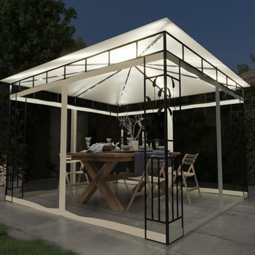 Gecheer Cenador con mosquitera y luces LED, 3 x 3 x 2,73 m, color crema, cenador de exterior, toldo, pérgola con tela, pabellón de jardín, tienda para fiestas, cenador para barbacoa, A3070314