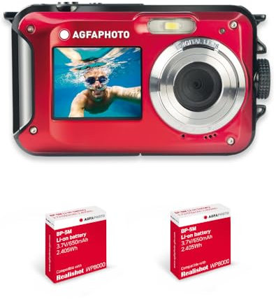 AgfaPhoto Realishot WP8000 - Appareil Photo Numérique Compact étanche - 2 Batteries + Dragonne Flottante Incluse- Rouge