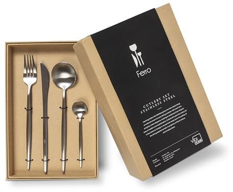 VIDI FERRO - Set di posate per 6 persone, set di posate di lusso, 24 pezzi, cucchiai, forchette, coltelli, cucchiaini, in acciaio inox, lavabili in lavastoviglie, acciaio lucido