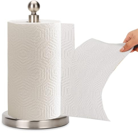 Kalitro Paper Towel Holder Countertop, Standing Paper Towel Roll Holder for Kitchen Bathroom, with Weighted Base for One-Handed Operation (Stainless Steel Base, Brushed Nickel)